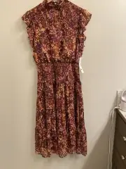 Aqua Women's NWT Size XL Maroon Floral Print Smocked Midi Dress $116