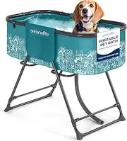 SereneLife Portable Dog Bath Tub, Built-in Drain System & 360° Access, 34" Adjustable Height, 2 Side Pockets, Foldable Design for Easy Storage, Fits Small to Medium Dogs Up to 130 lbs (Blue)