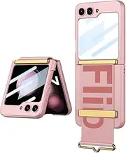 ESONG Mobile Phone Case for Samsung Galaxy Z Flip6 with Leather Strap Holder, Ultra Thin Hand Strap, Hard Protective Case with Stand, PC Scratch-Resistant, Shockproof Case with Screen Protector/Hinge