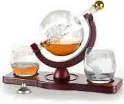 Whiskey Decanter Set 2 Etched Globe Glasses Vodka Bourbon Bottle Vintage Gift