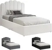 ALFORDSON Bed Frame with Gas Lift Storage Base King Single Size, Bed Platform Foundation with Boucle Fabric Upholstered Tufted Headboard for Mattress Topper, Milton Boucle White