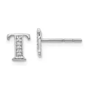 Solid 14k White Gold Simulated CZ Initial T Earrings