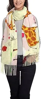 [YANYU] Giraffe Heart Flower Butterfly Print 77.6" X 28.3"Tassel Scarf Women'S Scarf Gift Classic & Fashionable Tassel Scarf, Black