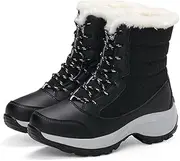[Generic] Women's Winter Snow Boots, Waterproof Ankle Length, Black with Fur Lining, Lace-up Design