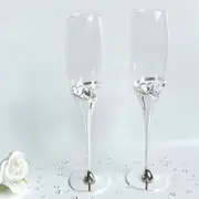 Set 2 Silver Champagne Glass Flutes & Double Hearts