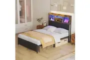 Advwin Bed Frame with Charging Station & LED Storage Shelf Double Size