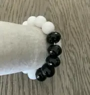 New Auth Chan Luu Chunky White Lace Agate Black Onyx Stretch Bracelet