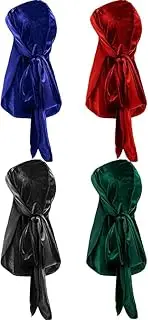 [WDEY] 4 Pcs Men's Velvet Durag with Long Tail Soft Durag Headwraps for 360 Waves