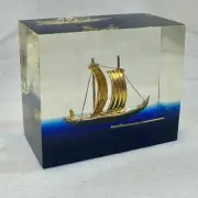 Paperweight Golden Ship Lucite Embedment Cube Oceanic Paper Weight