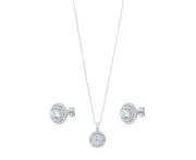 Bevilles Sterling Silver Cubic Zirconia Double Halo Stud Earring and Necklace Set