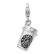 Sterling Silver Amore La Vita Rhodium-Plated Polished 3-D Enameled To Go Coffee Cup Charm With Fancy Lobster Clasp