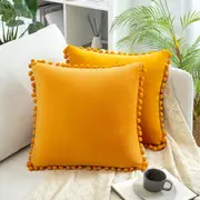 2x Square Throw Pillowa with Cute Pom-poms for Couch Sofa Bedroom Decor (Inserts + Pillow Covers, Gold)