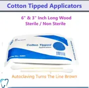 200 -1000/Bx 6" Swabs Cotton Tipped Stick Applicator Single Tip (Wooden Handle)