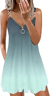 [Generic] Back Cocktail Dress for Women Women Casual Dresses Boho Floral Print Beach Dress V Neck Sleeveless Spaghetti Strap Sundresses with Pockets Summer Dresses for Women Work