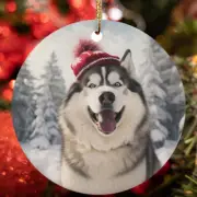 Cute Alaskan Malamute Dog Santa Hat Snow Winter Christmas Ornament Gift Decor
