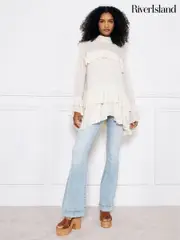 River Island Blue High Rise Tummy Hold Flare Jeans (AY8632) | $111