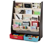 Giantex 5-tier Kids Bookshelf Wooden Bookcase Toys Storage Organiser Display Shelves w/4 Sling Bookshelf & 2 Boxes Espresso