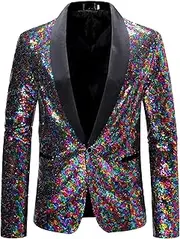 [Maiyifu-GJ] Men's Wedding Prom Party Sequin Tuxedo Suit Jacket Slim Fit Stylish Suit Jackets Blazer Lightweight Sport Coat
