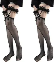 [LOMSUXA] 2 Pairs Fishnet Stockings Hold-Up Stockings Women's Sexy with Lace Top Bows Thigh High Hold-Up Stockings for Women