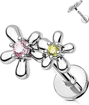 [OUFER] OUTER 16G Flower Helix Earring Internal Thread Pink And Yellow CZ Tragus Piercing Stainless Steel 316L Lip Stud Conch Lobe Daith Ring for Women 6 mm