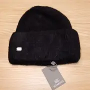SOIA & KYO Womens Beanie Hat Black Fuzzy Knit Cuff Logo Winter JAYA