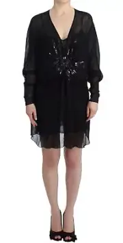 CLASS CAVALLI Women Black Dress 100% Silk Long Sleeves Embroidery Double Bodycon