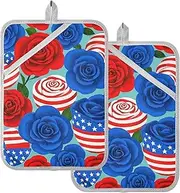 Pot Holders Heat Resistant 4th of July Independence Day Red and Blue Flowers Potholder with Pocket Cooking Hot Pads Oven Mitts 2 Pack