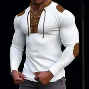 Men's T Shirt Waffle Knit Tee Tee Top Long Sleeve Shirt Long Sleeve Standing Collar Spring Fall Color Block Fashion Designer Basic Lace up Patchwork Vacation