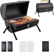 Portable Charcoal Grill, Multi-Function Smoker BBQ Stove, Tabletop Charcoal BBQ with Charcoal slot, grill grid, grill pan Suitable for Camping Picnic (Black)