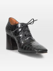 Black Leather Croc Embossed Block Heels