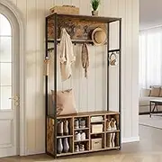 VASAGLE Hall Tree with Bench and Shoe Storage, Coat Rack with Shoe Bench, Entryway Furniture, Open Compartments, Industrial Style, Space Saving, Rustic Brown and Ink Black UHSR432K01
