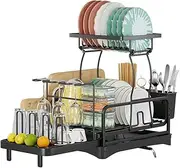 Dish Drainer Draining Drying Rack, Dish Rack with Drip Tray Large Organizer for Kitchen Counter Small Kitchens, Cup Holder Pots & Pans, with 360° Swivel Drain Spout(Black)