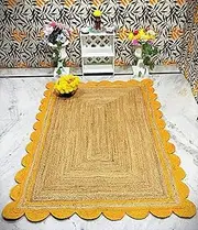 Aizza Trends Indian Handmade Braided Natural Jute with Yellow Scalloped Design Area Rug- Jute Rug- Dining Room- Living Room- Doormat Rug Size - 3 x 7 Feet (90 cm x 210 cm)