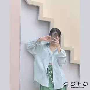 GOFO 長袖襯衫 韓系顯瘦 設計感 淺藍色 休閒寬鬆 素面女生襯衫 防曬衫 女生衣著 女生上衣