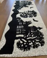 NICOLE MILLER Halloween Haunted House Bats Black White Beaded Table Runner New!