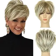 Queentas Pixie Short Blonde Wig with Bangs Dark Roots Synthetic Hair Wigs for White Women (Blonde Mixed Brown)