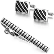 [KUHBDIE] Cufflink Set Black and White Striped Tie Clip French Cuff Stud Men's Business Tie Clip