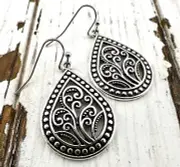 Silver Engraved Filigree Teardrop Earrings