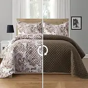 Elegant Comfort 3-Piece Boho Paisley Floral Patchwork Reversible Quilt - Soft Premium Bedspread with Matching Pillow Shams, Premium Stitching All Season Quilted Coverlet - Twin, Taupe