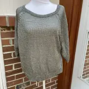 VINCE Women's Dolman Metallic Silver Lose Knit Rolled Short Sleeved Sweater Sz L