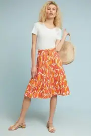 Anthropologie Maeve Size 2 Denim Midi Banana Print Skirt Button Up A-Line Orange