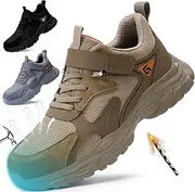 [LAoutun] Steel Toe Shoe for Men Safely Comfortable Work Shoes for Men Lightweight Safety Sneakers Industrial Construction Black Sneakers for Works, Brown, 8