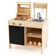CostwayWooden Barbecue Grill Playset Pretend Play Kitchen Set with Play Food-Natural