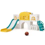 CostwayAll in 1 L-shaped Toddle Slide with Tunnel and Basketball Hoop for Toddlers Age 1-3-Colourful