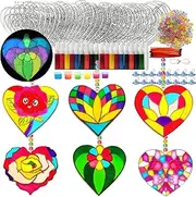 30 Sets Valentine's Day Suncatcher Craft Flowers Heart Suncatchers Glow In The Dark Valentines DIY Window Paint Art Suncatchers for Valentine Classroom Gift Exchange Mother's Day Art Craft Supplies