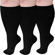 PUTUO Compression Stockings Thick Calves for Men: Thrombosis Stockings Women's Plus Size Support Stockings Compression Socks for Flight Medical Running Travel 3 Pairs, black, 3X-Large