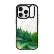 iPhone 16 Pro Impact Ring Stand Case MagSafe Compatible WOODLAND RETREAT 4, FOREST TREES GREEN AQUA TEAL NATURE MOUNTAINS PAINTING