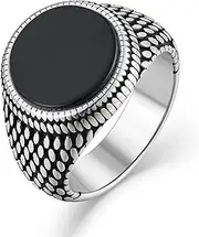 [Raymard] Rayamrd Black Onyx Turquoise Round Signet Rings for Men, Vintage Textured Stainless Steel Men's Ring, Size 7-12