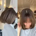Short Human Hair Wigs With Bangs Brown With Blonde Highlights Lace Front Wig