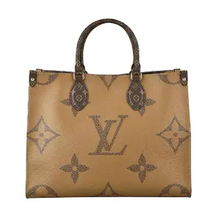 【Louis Vuitton 路易威登】LV M45321 ONTHEGO MM花紋LOGO撞色設計帆布釦式手提肩背包(咖啡x淺咖啡)